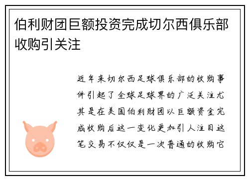伯利财团巨额投资完成切尔西俱乐部收购引关注 伯利财团巨额投资完成切尔西俱乐部收购引关注